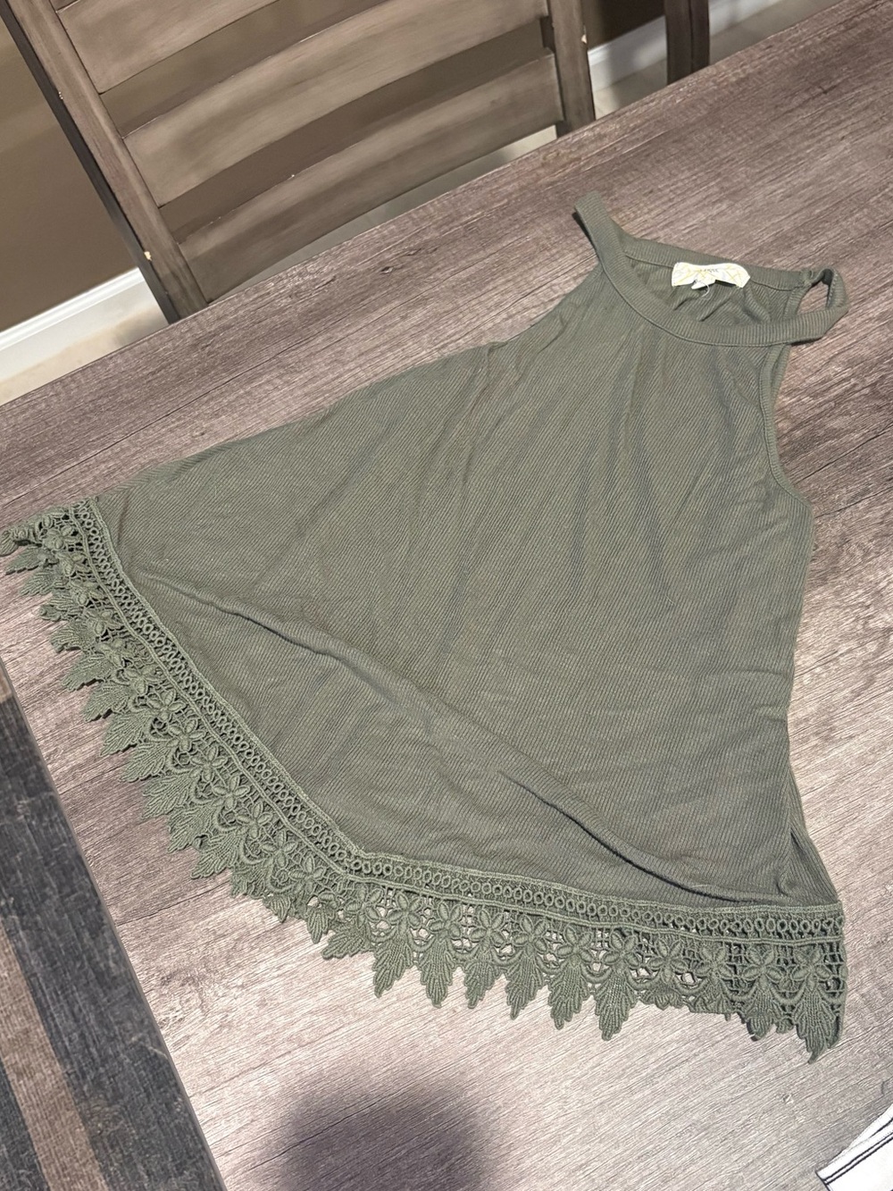 Olive Green Sleeveless shirt with Crochet Trim